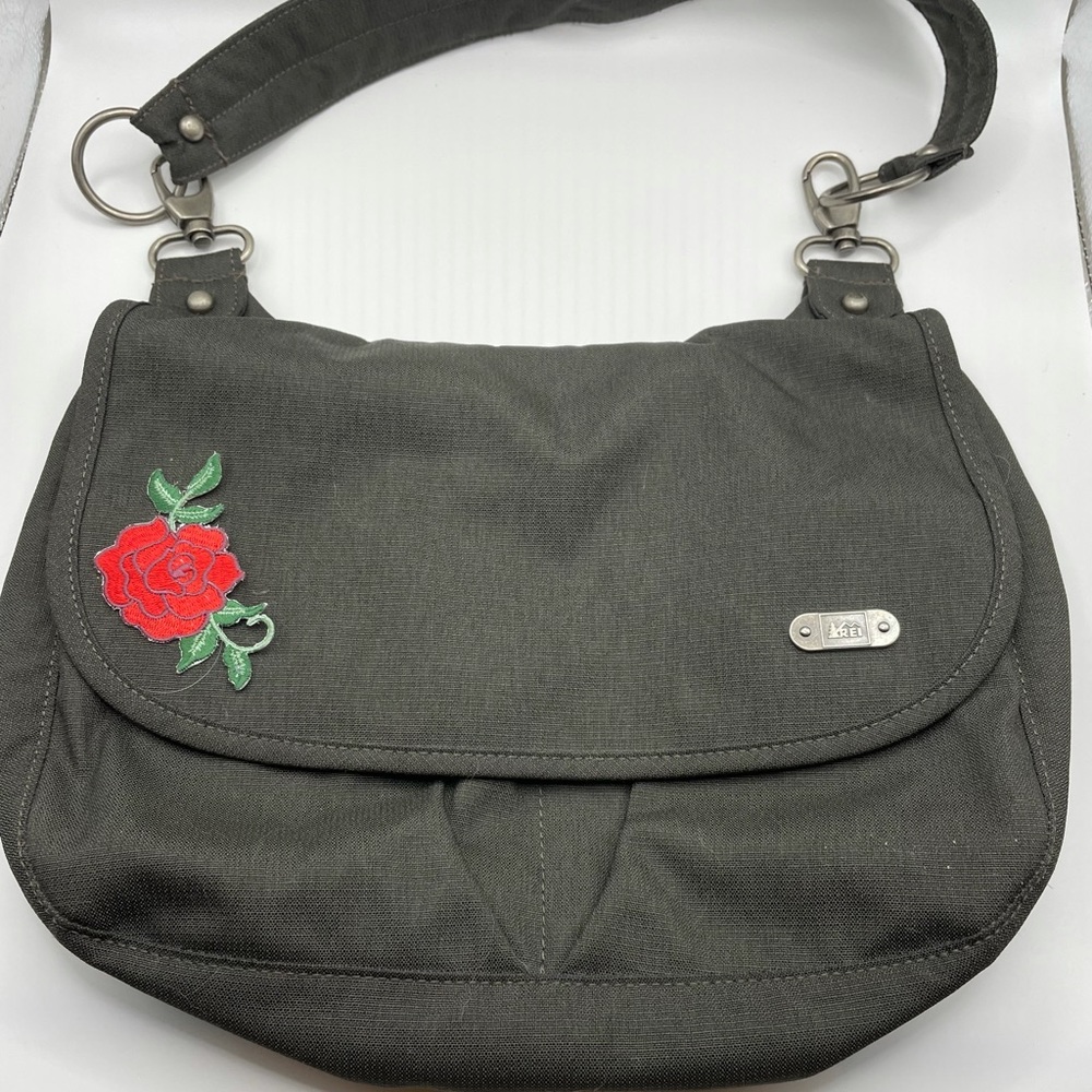 REI Dark Gray Shoulder Bag with Red Rose Embroidery